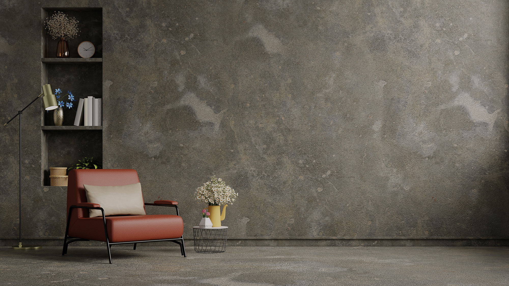 Innenraumgestaltung graue wand und brauner Sessel